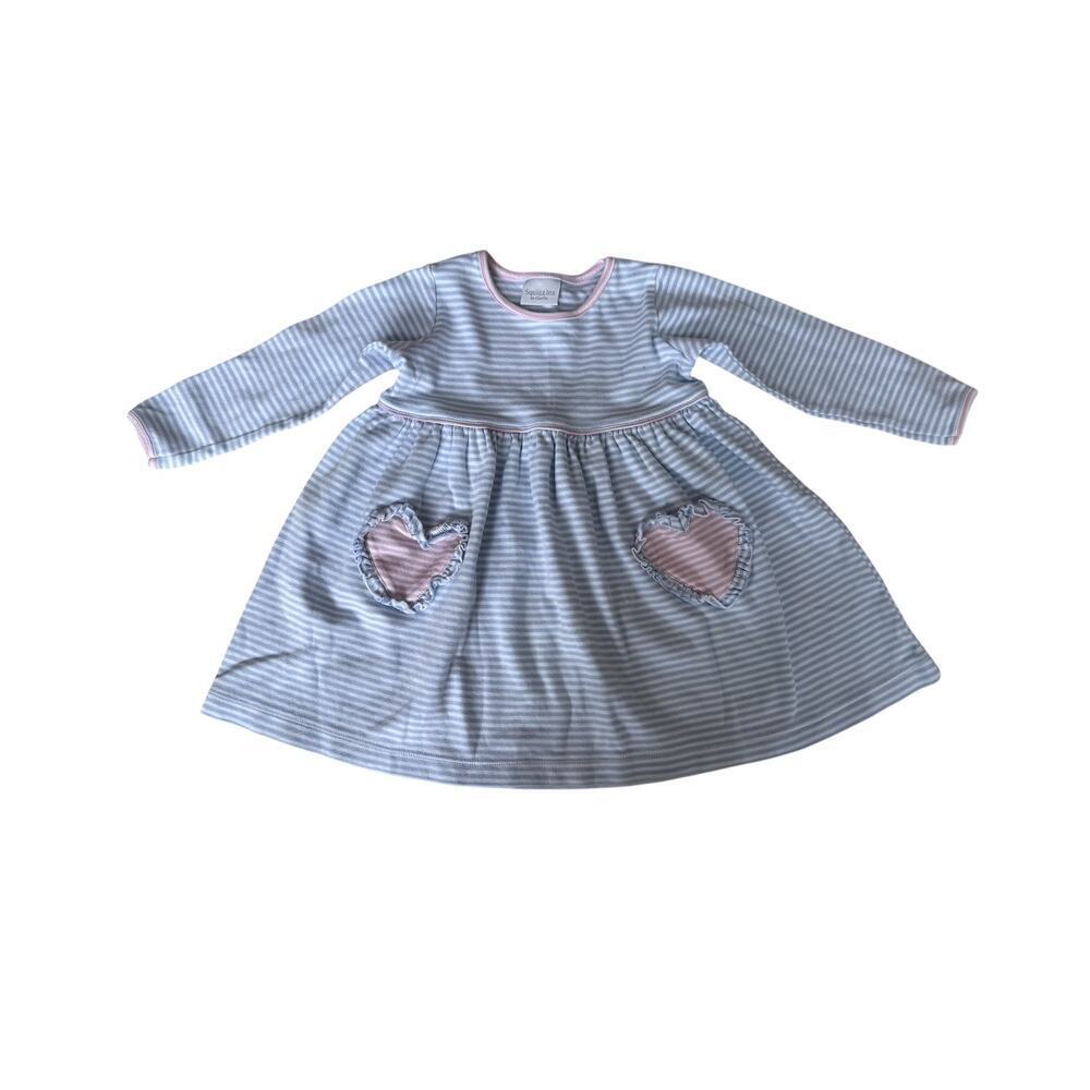 Squiggles By Charlie Girls Blue Striped Popover Dress With Heart Pockets Size 2T